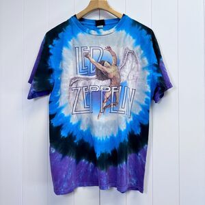 VTG 90's LED ZEPPELIN Tie Dye Swan Song Angel T Shirt Large Rocker Liquid Blue